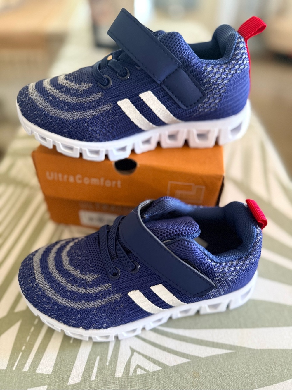 Kids Navy Knit Sneakers with White Stripes and Easy Hook-and-Loop Closure